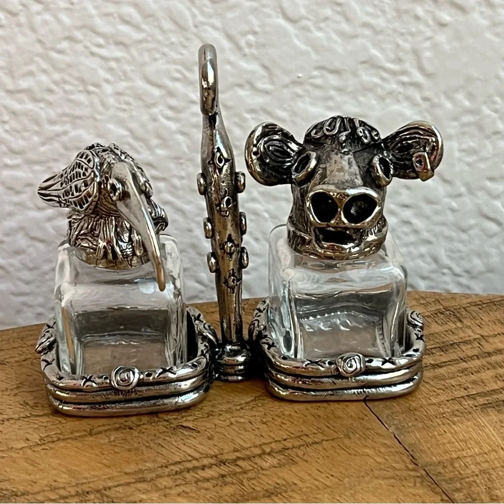AST Pewter Salt Pepper Shakers Animal Head Glass Cow Bull Crow Bird of Prey